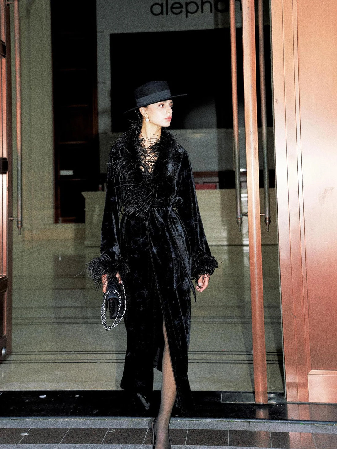 Anti Being General V-neck Belted Ostrich Feather Black Velvet Long Coat Coat