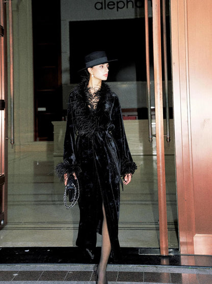Anti Being General V-neck Belted Ostrich Feather Black Velvet Long Coat Coat