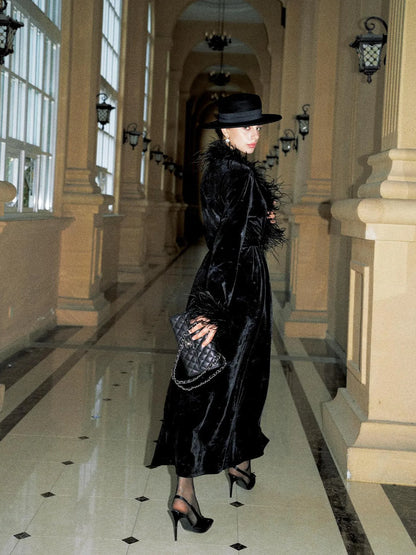 Anti Being General V-neck Belted Ostrich Feather Black Velvet Long Coat Coat