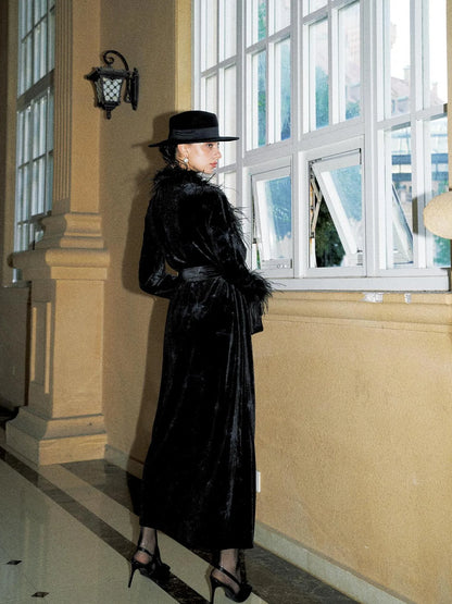 Anti Being General V-neck Belted Ostrich Feather Black Velvet Long Coat Coat
