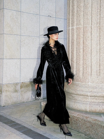Anti Being General V-neck Belted Ostrich Feather Black Velvet Long Coat Coat