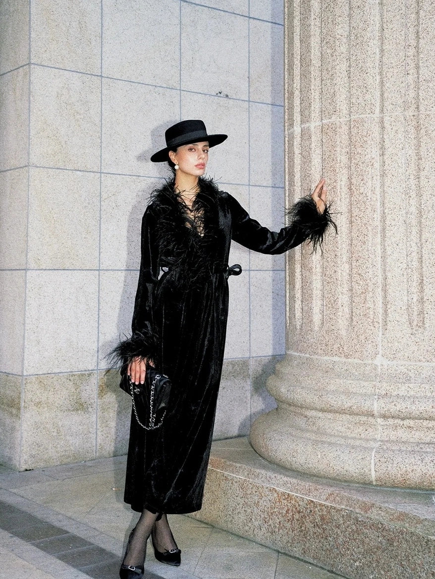 Anti Being General V-neck Belted Ostrich Feather Black Velvet Long Coat Coat