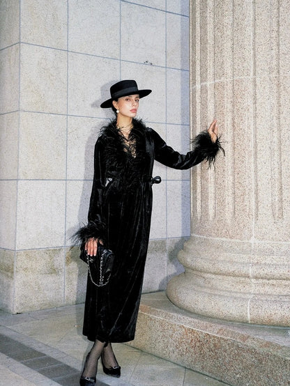Anti Being General V-neck Belted Ostrich Feather Black Velvet Long Coat Coat