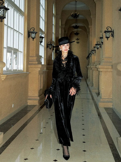 Anti Being General V-neck Belted Ostrich Feather Black Velvet Long Coat Coat
