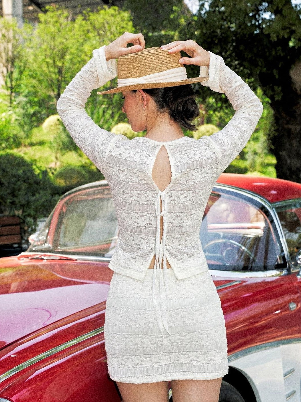 Anti Being General V-neck Lace Trim Tie Waist Bodycon Women&