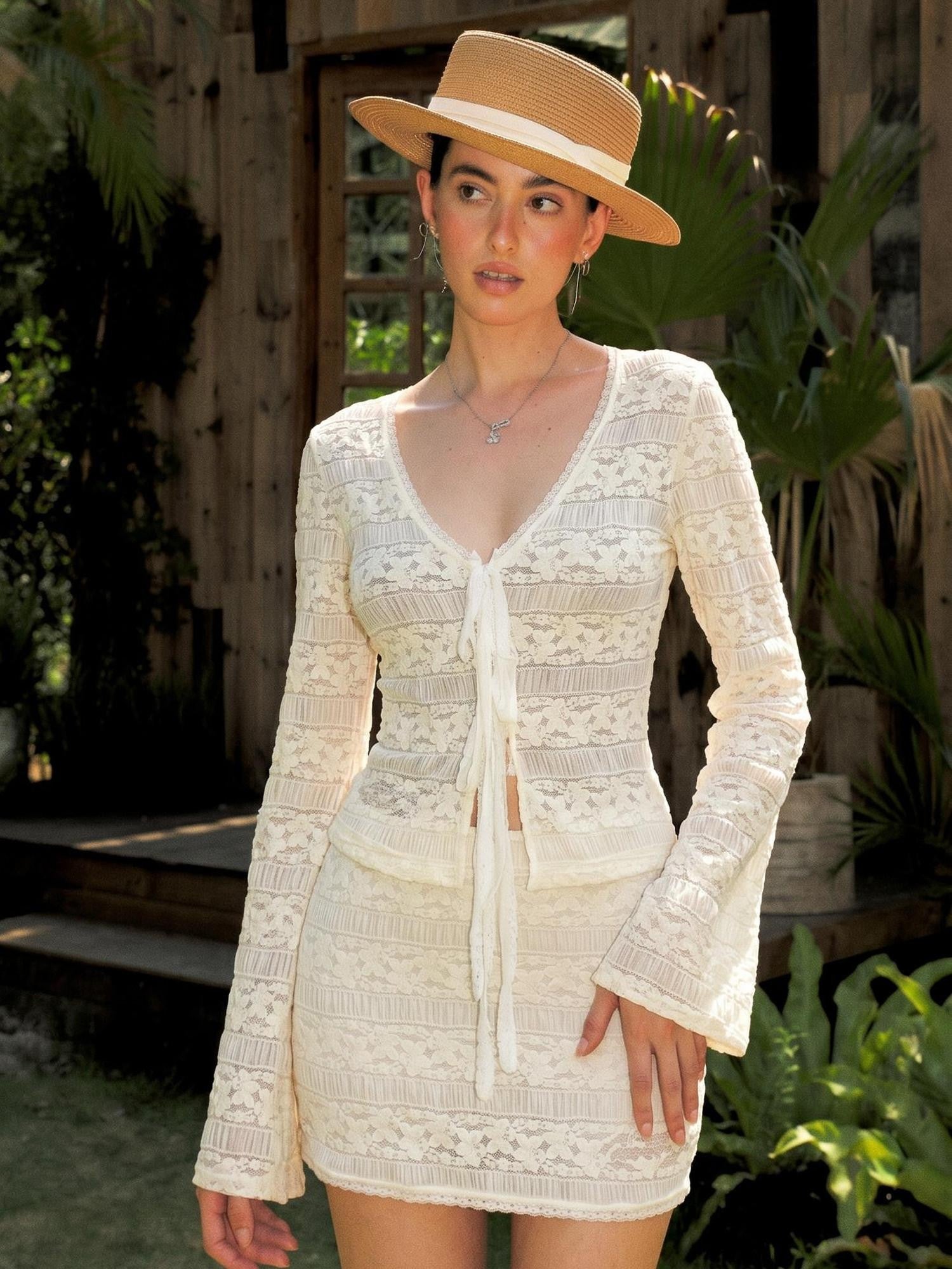 Anti Being General V-neck Lace Trim Tie Waist Bodycon Women&