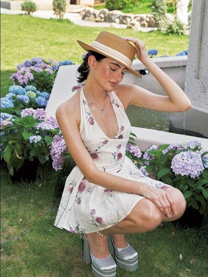 Anti Being General White Floral Halter V Waist Puff Women&