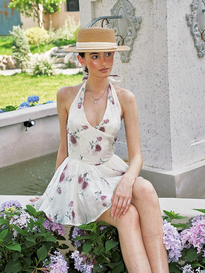 Anti Being General White Floral Halter V Waist Puff Women&