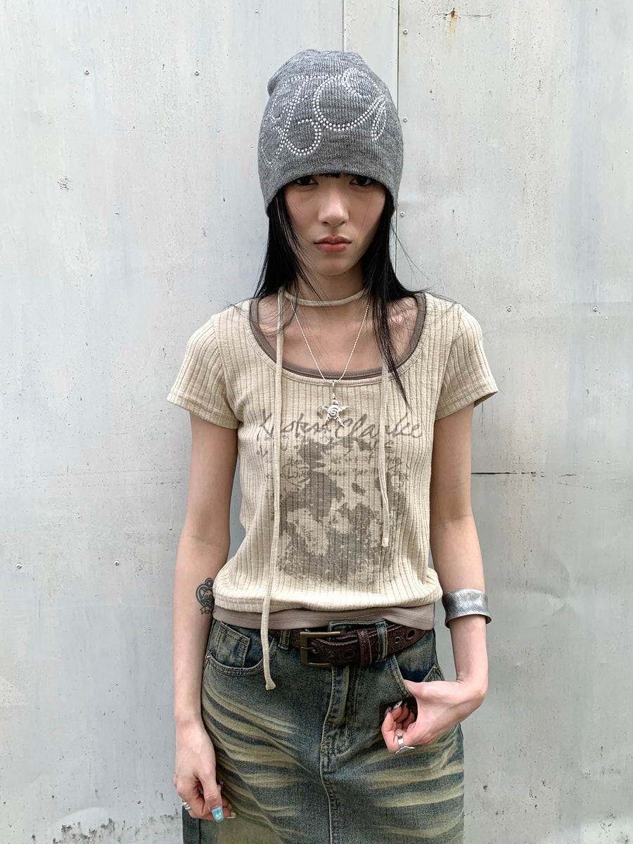 Updateang project Vintage Floral Print Layered Elastic Short Sleeve Tee With Scarf