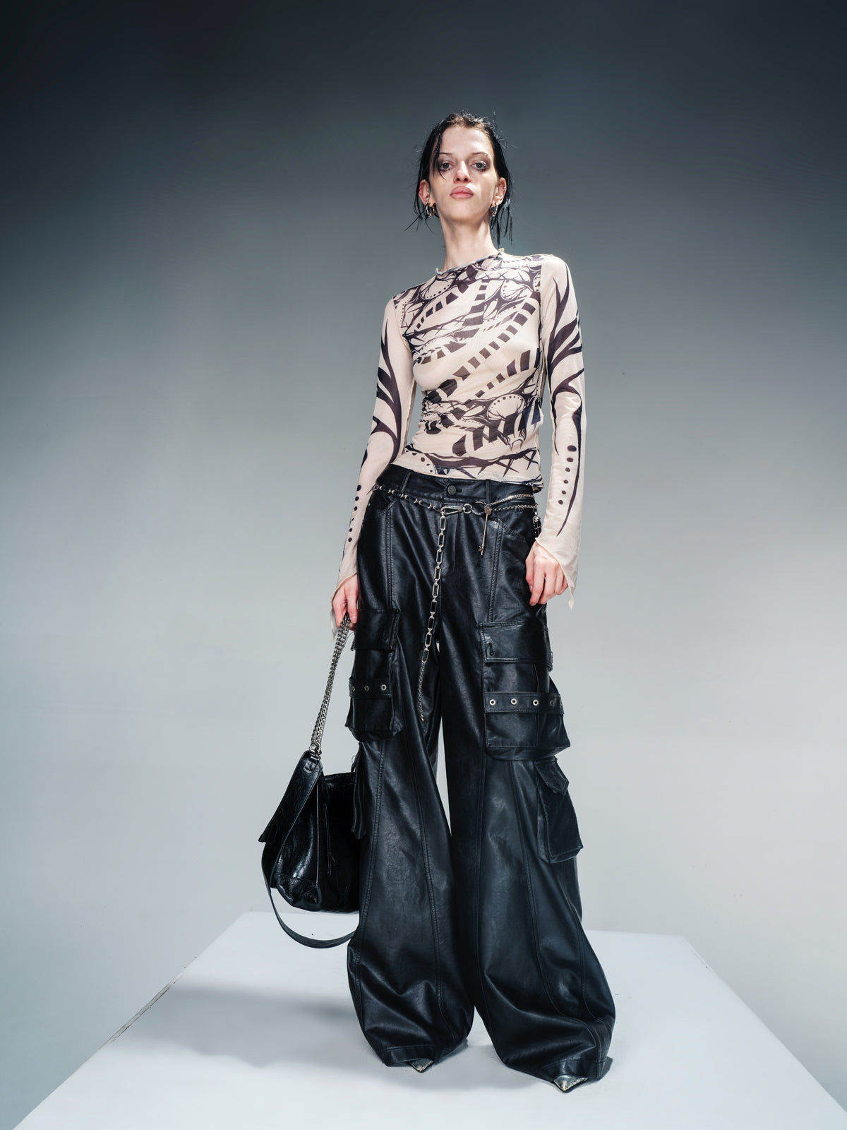 NN NORTH NODE Tattoo Pain Graphic Sheer Mesh Skin Top