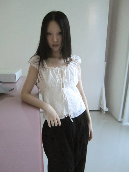 ang project Vintage Korean Summer Layered Hollow Out Tie Crop Top