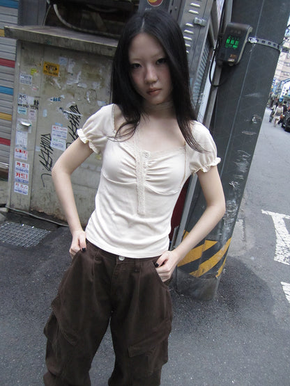 Updateang project Vintage Lace Trim Ruffled Button Detail Slim Fit Tee With Scarf