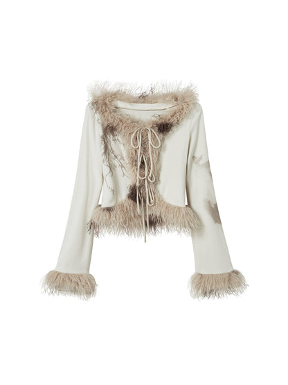 Cest Nous Punk Poetry Abstract Print Fur Trimmed Cardigan Set