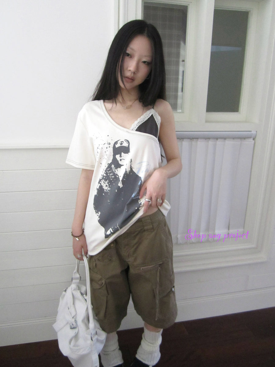 Updateang project Vintage Summer Portrait Print Off Shoulder Lace Trim T Shirt