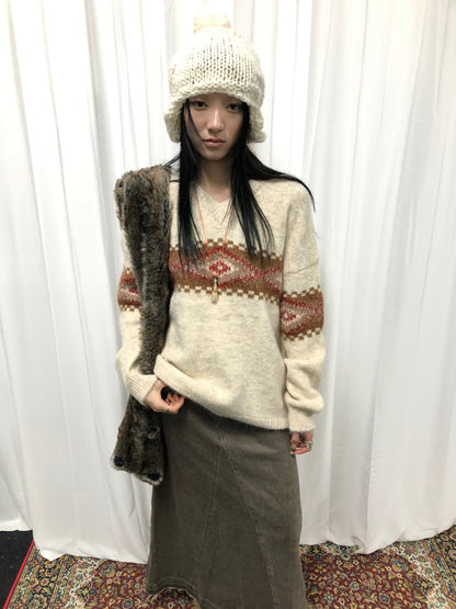 Updateang project Vintage Lazy Style V-Neck Cable Knit Sweater