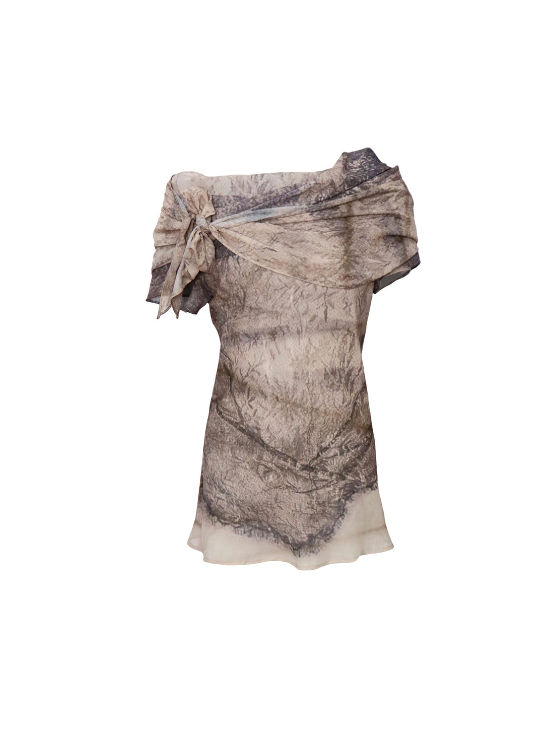 Flowers birds Market One Shoulder Watercolor Print Chiffon Dress With Bow