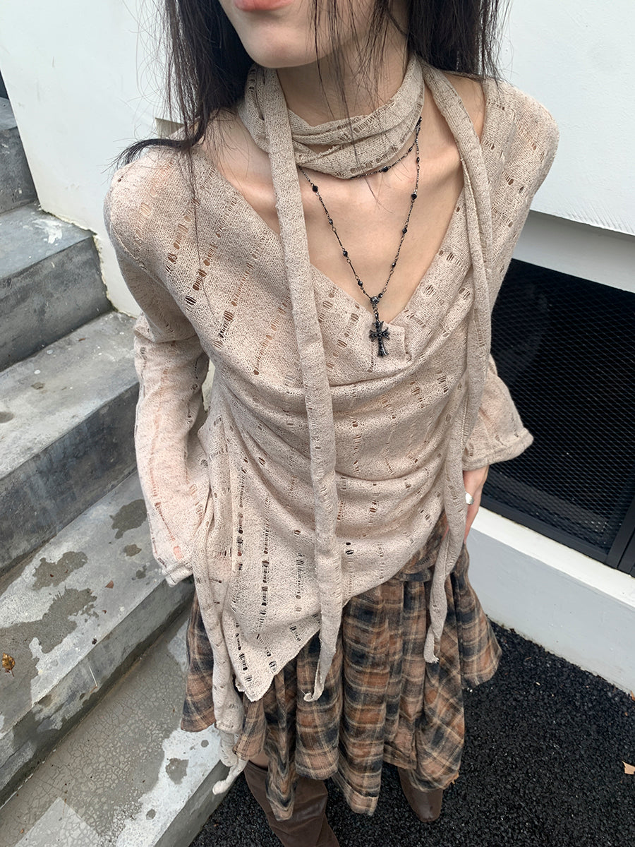 ang project Wasteland Asymmetrical Collar Knit Top With Scarf