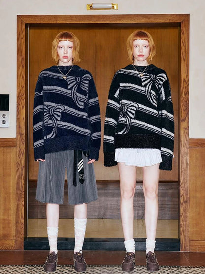 Arctic Velvet Bow Stripe Jacquard Sweater