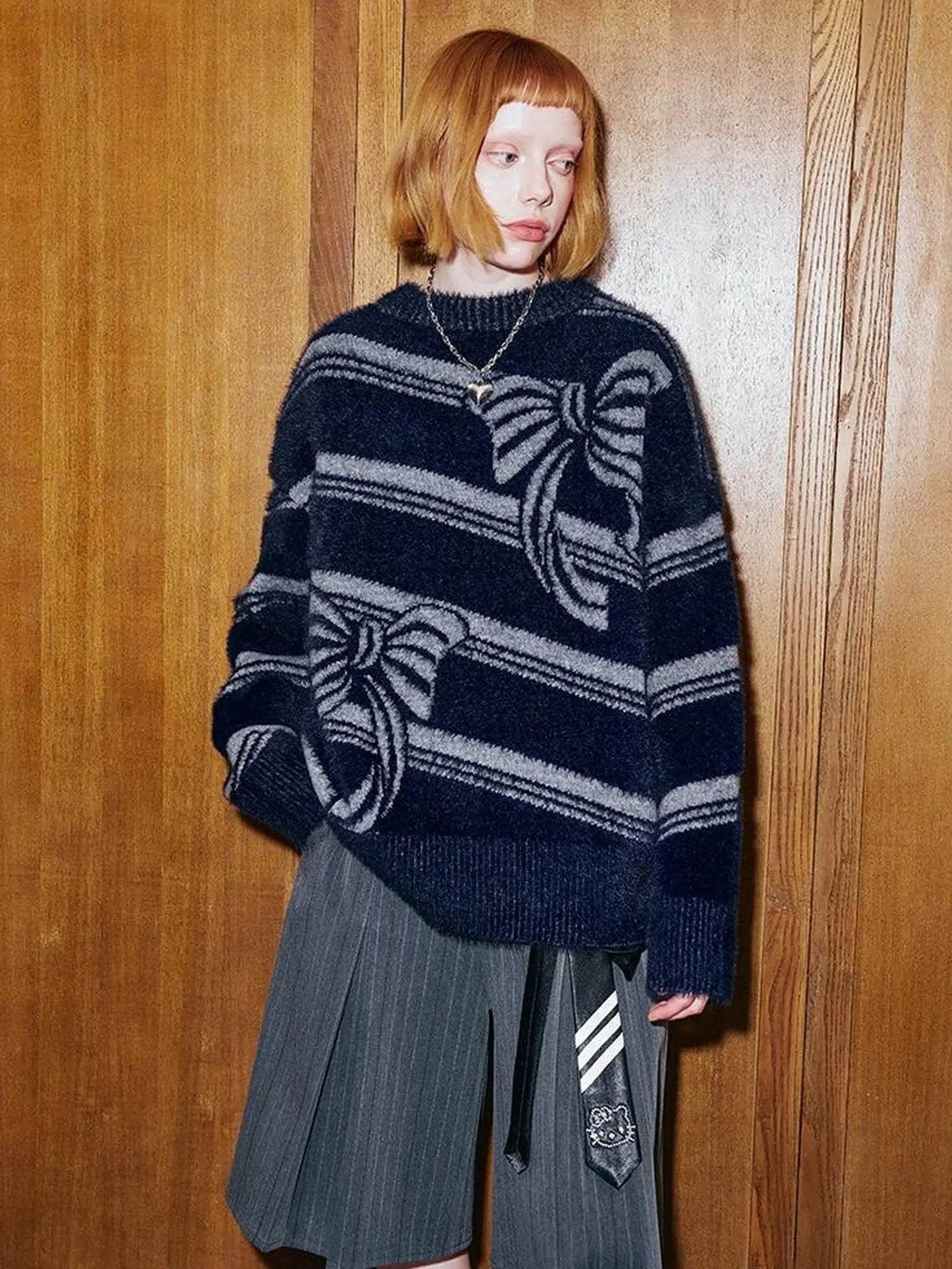 Arctic Velvet Bow Stripe Jacquard Sweater