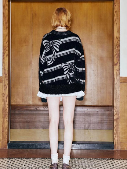 Arctic Velvet Bow Stripe Jacquard Sweater