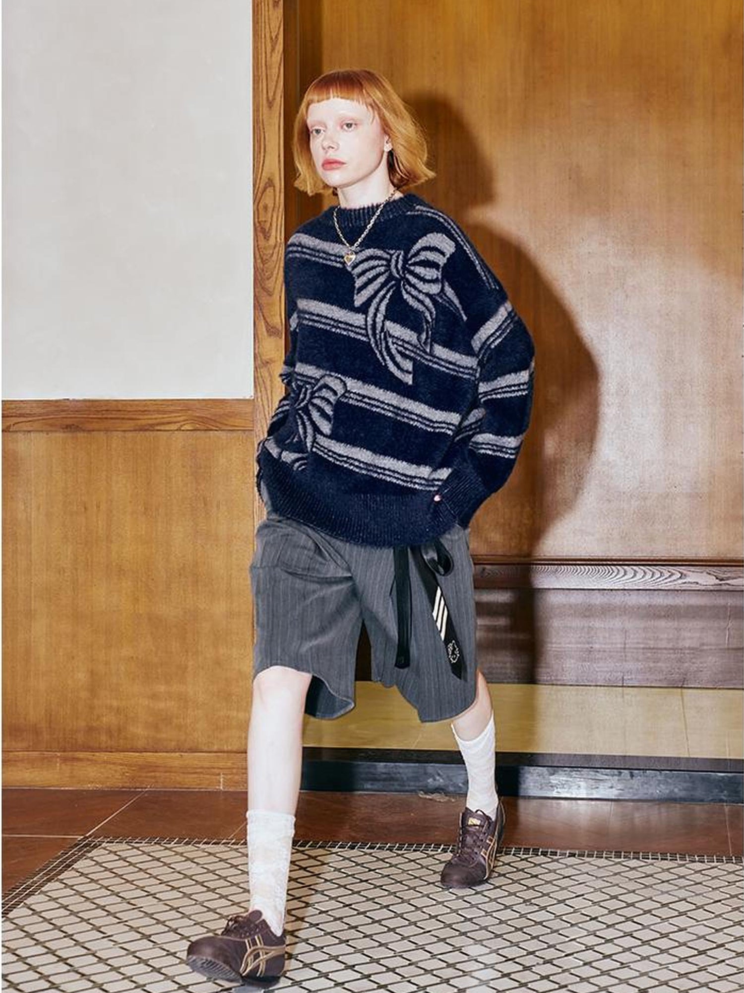 DIDDI MODA Arctic Velvet Bow Stripe Jacquard Sweater