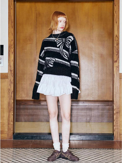 DIDDI MODA Arctic Velvet Bow Stripe Jacquard Sweater
