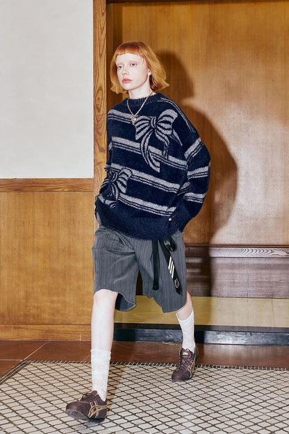 DIDDI MODA Arctic Velvet Bow Stripe Jacquard Sweater