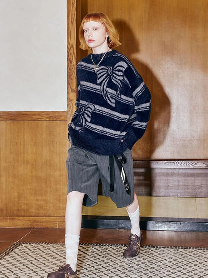Arctic Velvet Bow Stripe Jacquard Sweater