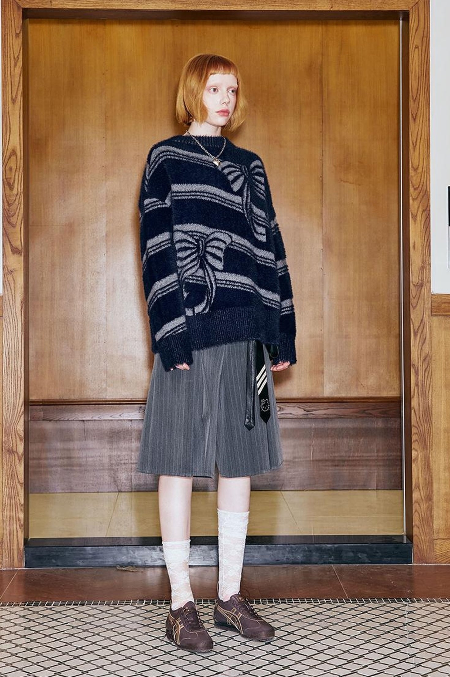 DIDDI MODA Arctic Velvet Bow Stripe Jacquard Sweater