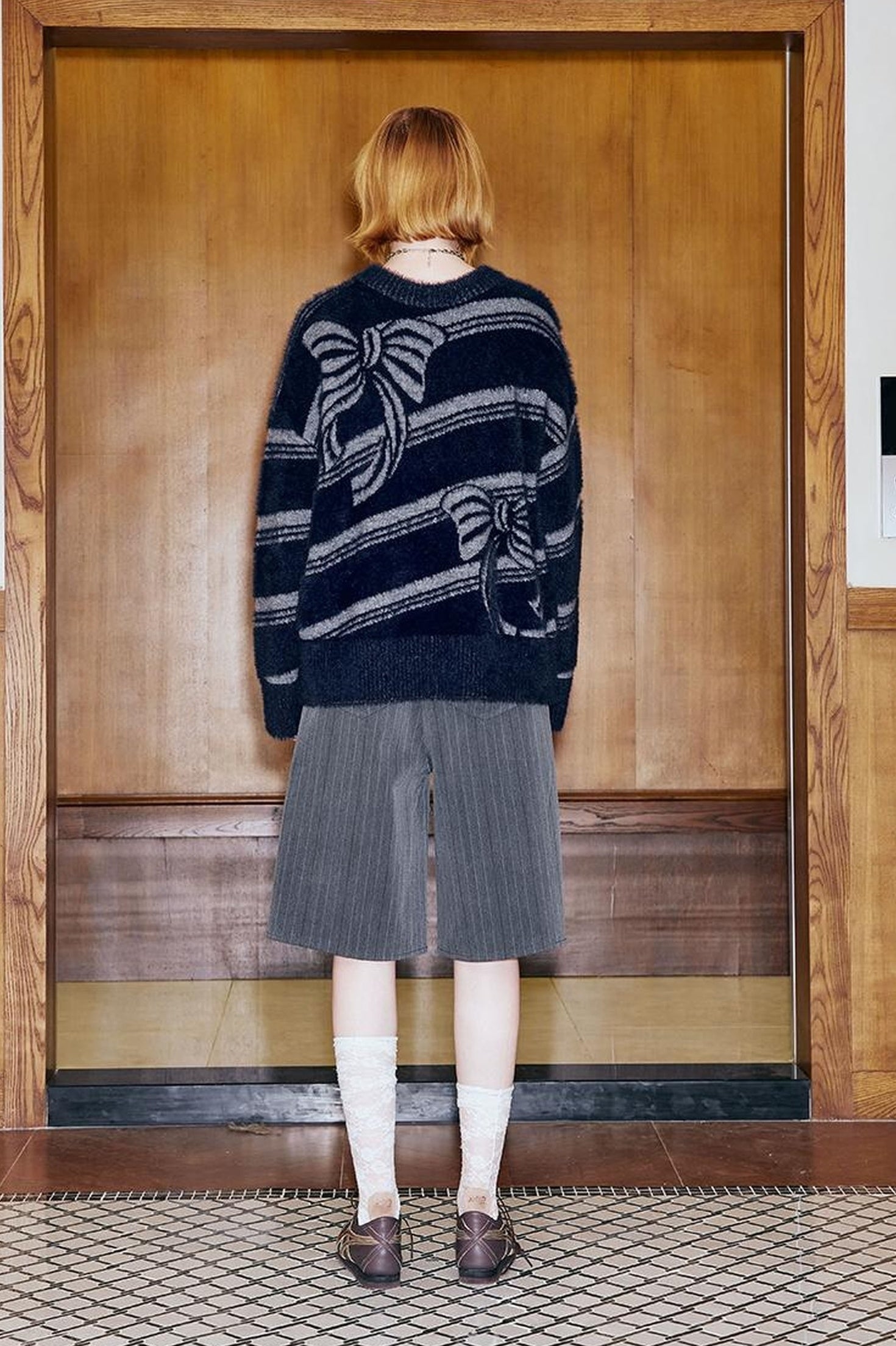 DIDDI MODA Arctic Velvet Bow Stripe Jacquard Sweater