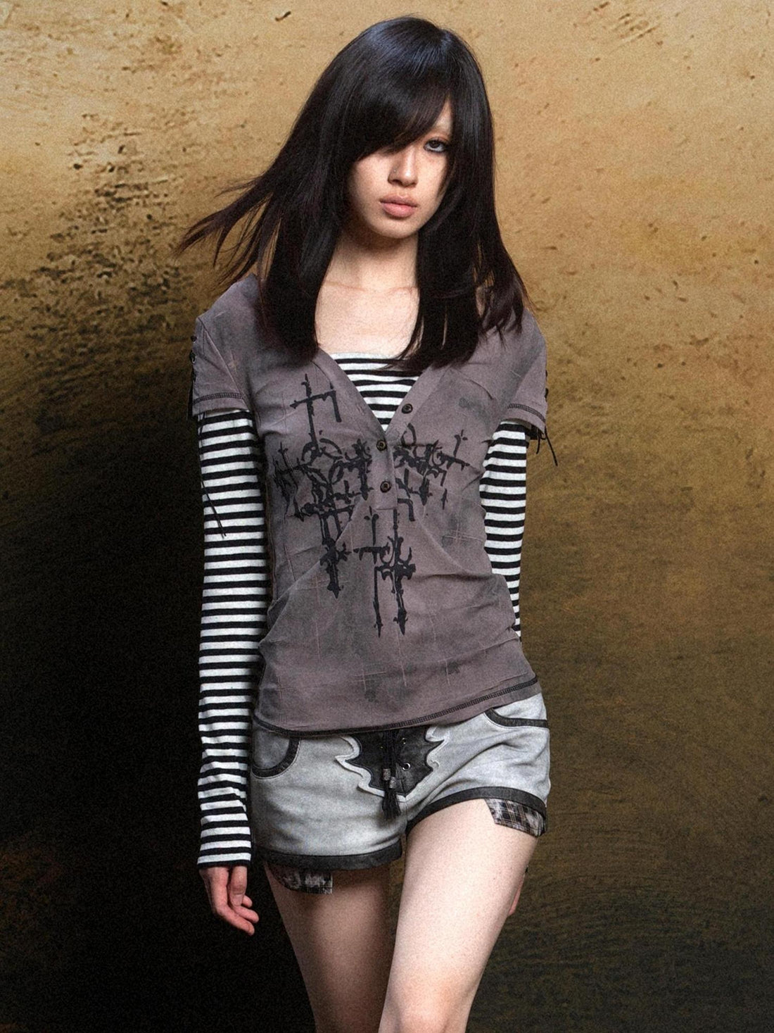 ARIADNAw Ariadna Gothic Print V Neck Tee Punk Streetwear Women Top