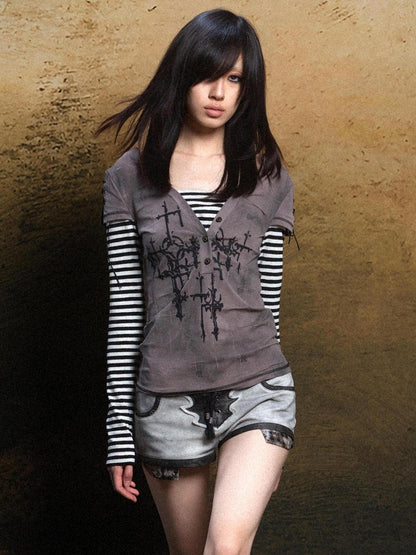 ARIADNAw Ariadna Gothic Print V Neck Tee Punk Streetwear Women Top