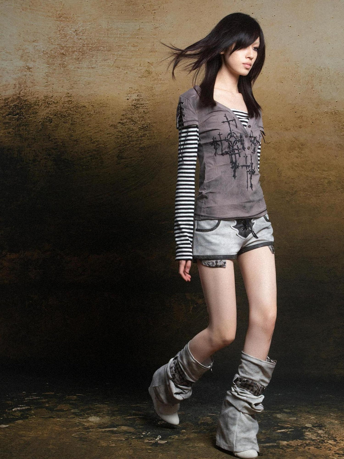 ARIADNAw Ariadna Gothic Print V Neck Tee Punk Streetwear Women Top