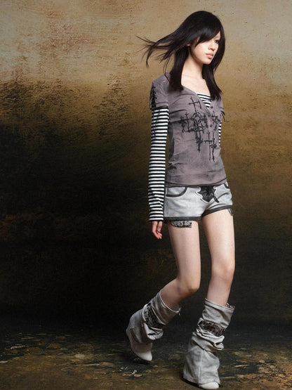 ARIADNAw Ariadna Gothic Print V Neck Tee Punk Streetwear Women Top
