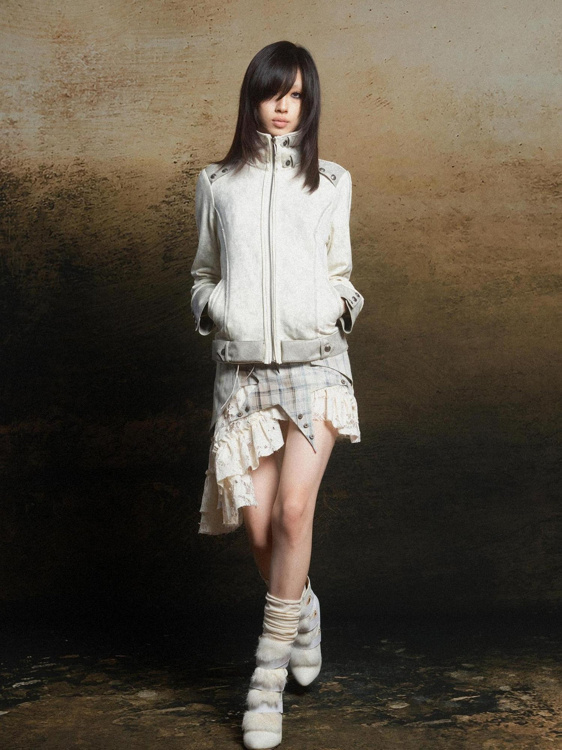 ARIADNAw Ariadna Patchwork Punk High Neck Sporty Industrial Jacket