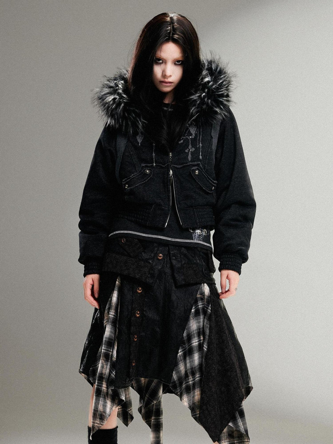 ARIADNAw Ariadna Punk Embroidered Fur Collar Bomber Jacket