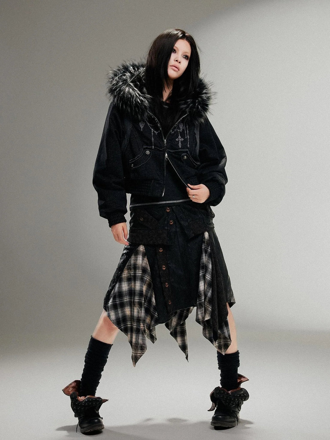 Ariadna Punk Embroidered Fur Collar Bomber Jacket