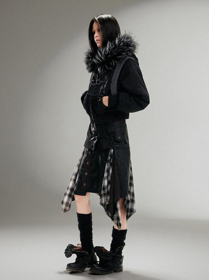 ARIADNAw Ariadna Punk Embroidered Fur Collar Bomber Jacket