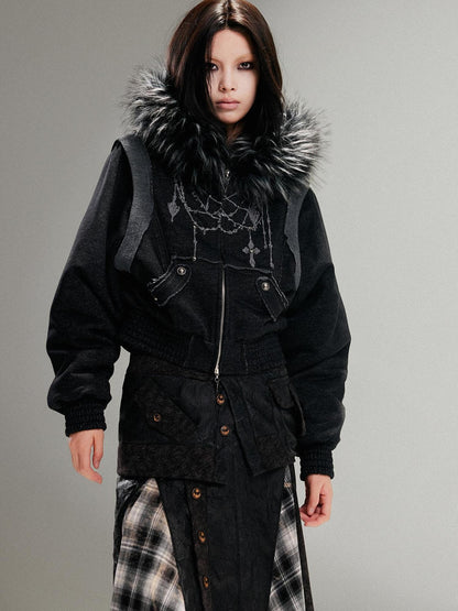 ARIADNAw Ariadna Punk Embroidered Fur Collar Bomber Jacket