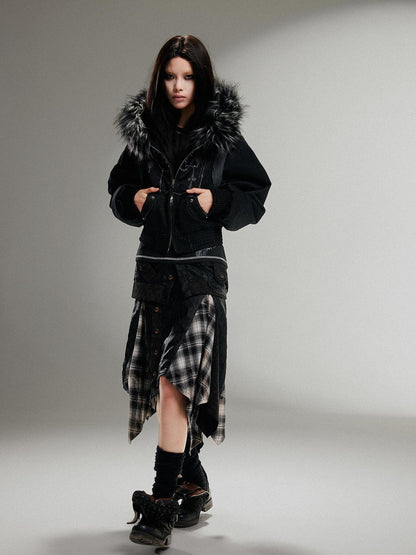 ARIADNAw Ariadna Punk Embroidered Fur Collar Bomber Jacket