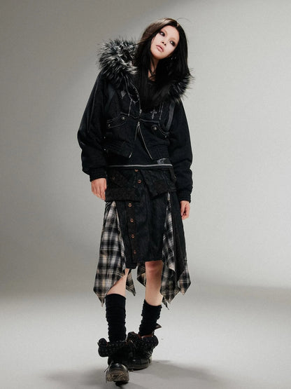 Ariadna Punk Embroidered Fur Collar Bomber Jacket