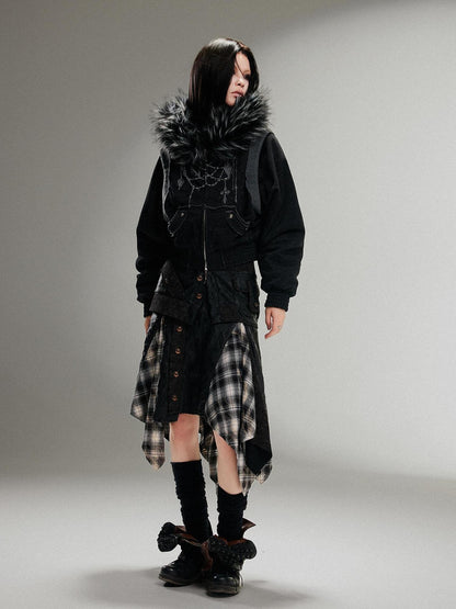 ARIADNAw Ariadna Punk Embroidered Fur Collar Bomber Jacket