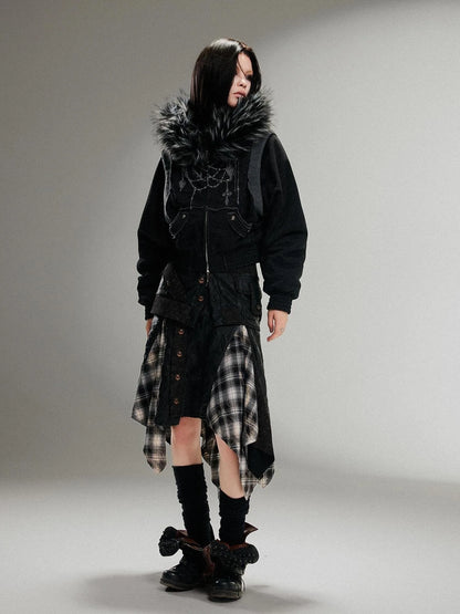 Ariadna Punk Embroidered Fur Collar Bomber Jacket