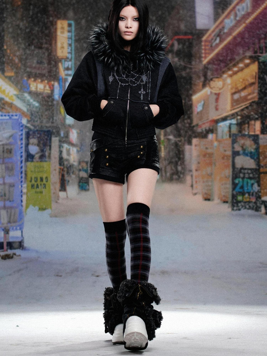 ARIADNAw Ariadna Punk Embroidered Fur Collar Bomber Jacket