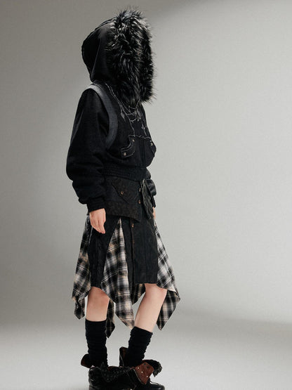ARIADNAw Ariadna Punk Embroidered Fur Collar Bomber Jacket