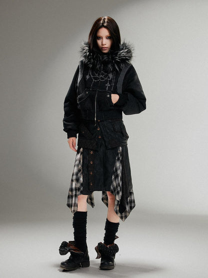 ARIADNAw Ariadna Punk Embroidered Fur Collar Bomber Jacket