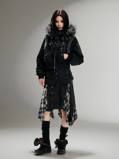 Ariadna Punk Embroidered Fur Collar Bomber Jacket