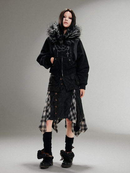 ARIADNAw Ariadna Punk Embroidered Fur Collar Bomber Jacket