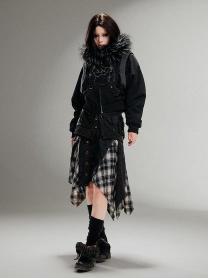ARIADNAw Ariadna Punk Embroidered Fur Collar Bomber Jacket