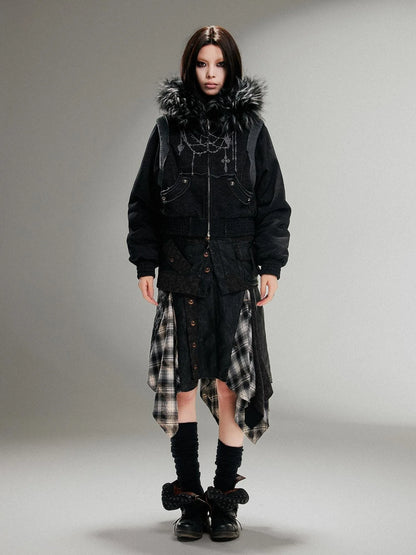 Ariadna Punk Embroidered Fur Collar Bomber Jacket